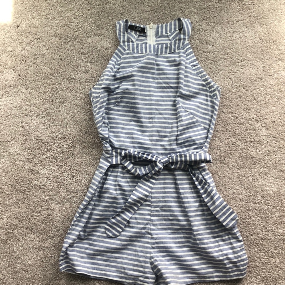 Blue & white stripped romper with tie